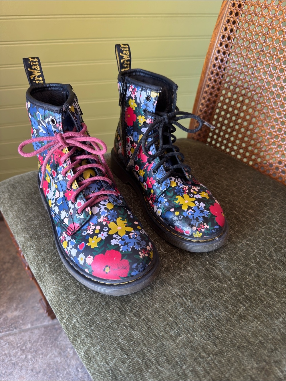 Floral Lace-Up Combat Boots - Black Multi
